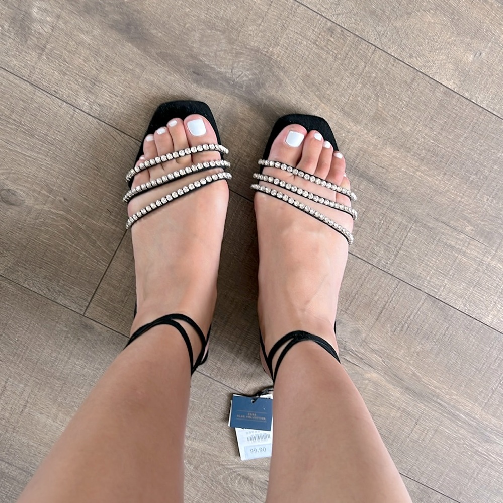 Zara Genuine Suede Leather Black Strappy Rhinestone Ankle Wrap Flat Sandals